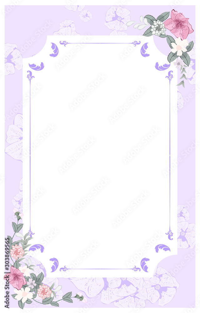 delicate violet lilac card with a beautiful floral frame. Copyspace. vector illustration