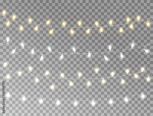 Christmas lights set isolated on transparent background. Glowing white and gold garland lights. Led neon lamp. Bright decoration for xmas cards, banners, posters, web design. Vector illustration