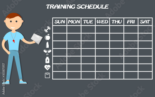 Training schedule. Wall poster for your individual workouts. Breakdown by day of the week. Vector illustration