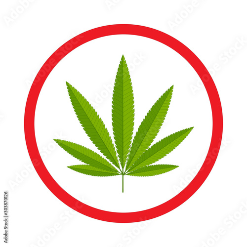 Hemp cannabis attention sign on a white background. Cannabis branch on a white background with a round red stroke, a sign to attract attention.