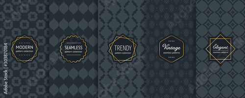 Black vector seamless patterns. Collection of luxury ornamental background swatches with modern minimal golden labels. Elegant abstract geometric vintage textures. Premium design for decor, package