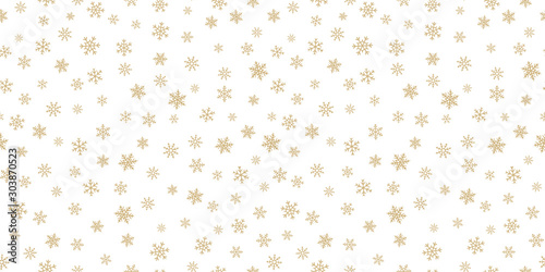 Golden snowflakes background. Luxury vector Christmas seamless pattern with small gold snow flakes on white backdrop. Winter holidays texture. Repeat design for decor, wallpapers, wrapping, website