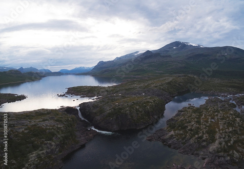 Waterfall Mountain Landscape Aerial. Location: Stuor Muorkke National Park In Northern Sweden, Scandinavia. July of 2018. 