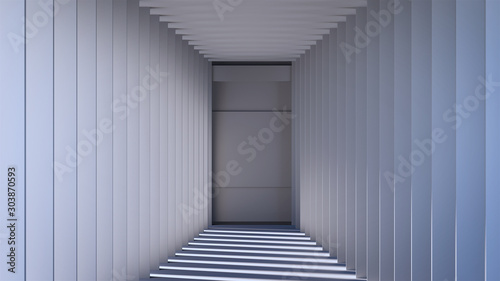 3D rendering minimalist white hall with sun lighting and long shadows. Walls consisting of cubes.