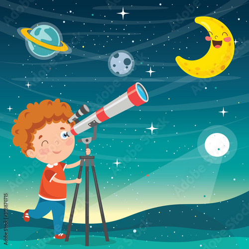 Kid Using Telescope For Astronomical Research