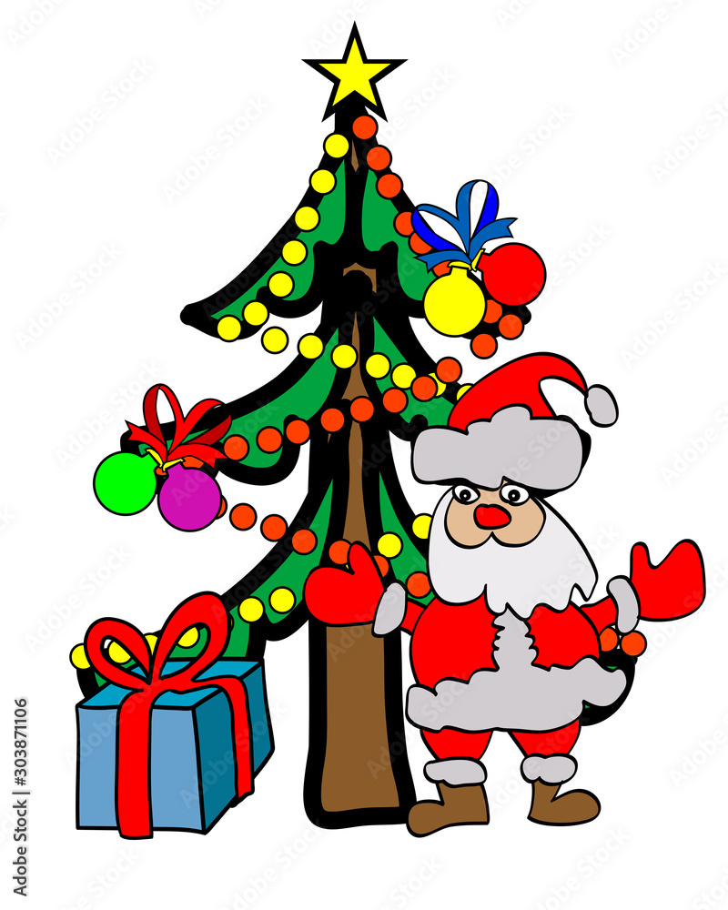 Naklejka premium Santa Claus, Christmas tree and gifts on a white background with balls