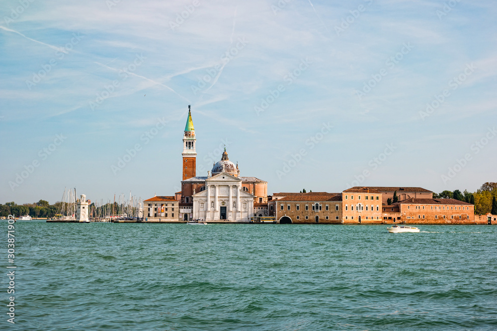 Bell tower and church of Saint George also called San Giorgio Maggiore in Venice, Italy