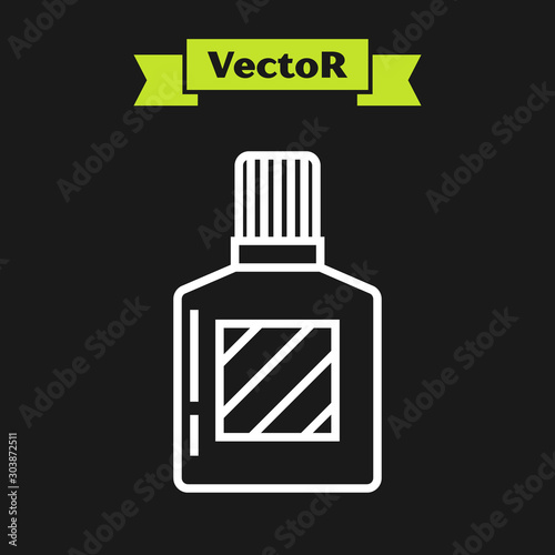 White line Aftershave icon isolated on black background. Cologne spray icon. Male perfume bottle. Vector Illustration