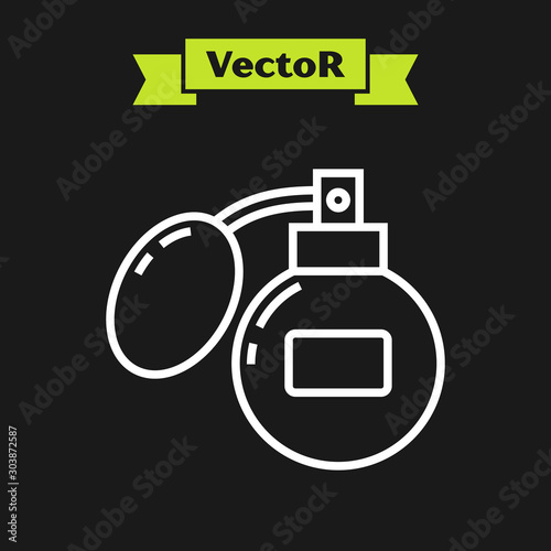 White line Aftershave icon isolated on black background. Cologne spray icon. Male perfume bottle. Vector Illustration