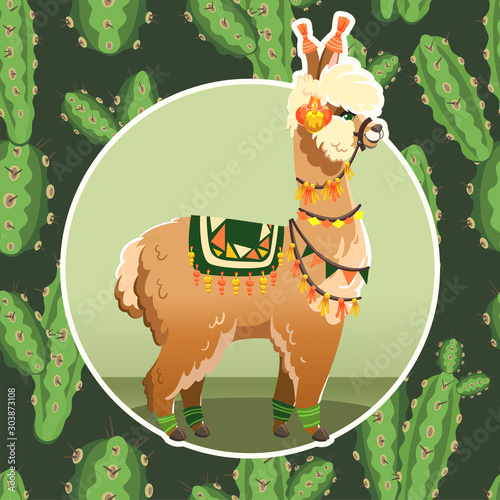 Illustration with llama and cactus plants. Vector seamless pattern on botanical background. Greeting card with Alpaca.