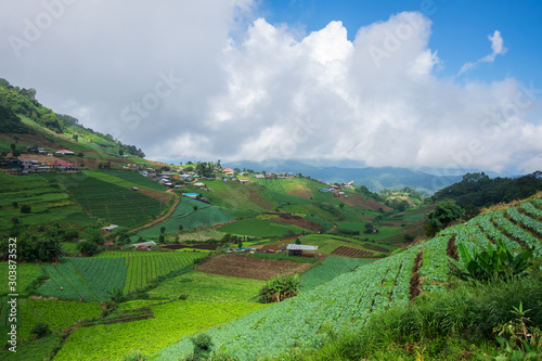 landscape with green hills and blue sky, Chiang Mai. Thailand
