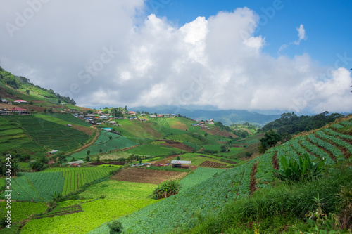 landscape with green hills and blue sky, Chiang Mai. Thailand