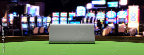 Blank metal sign on a casino table, blur slot machines background. 3d illustration