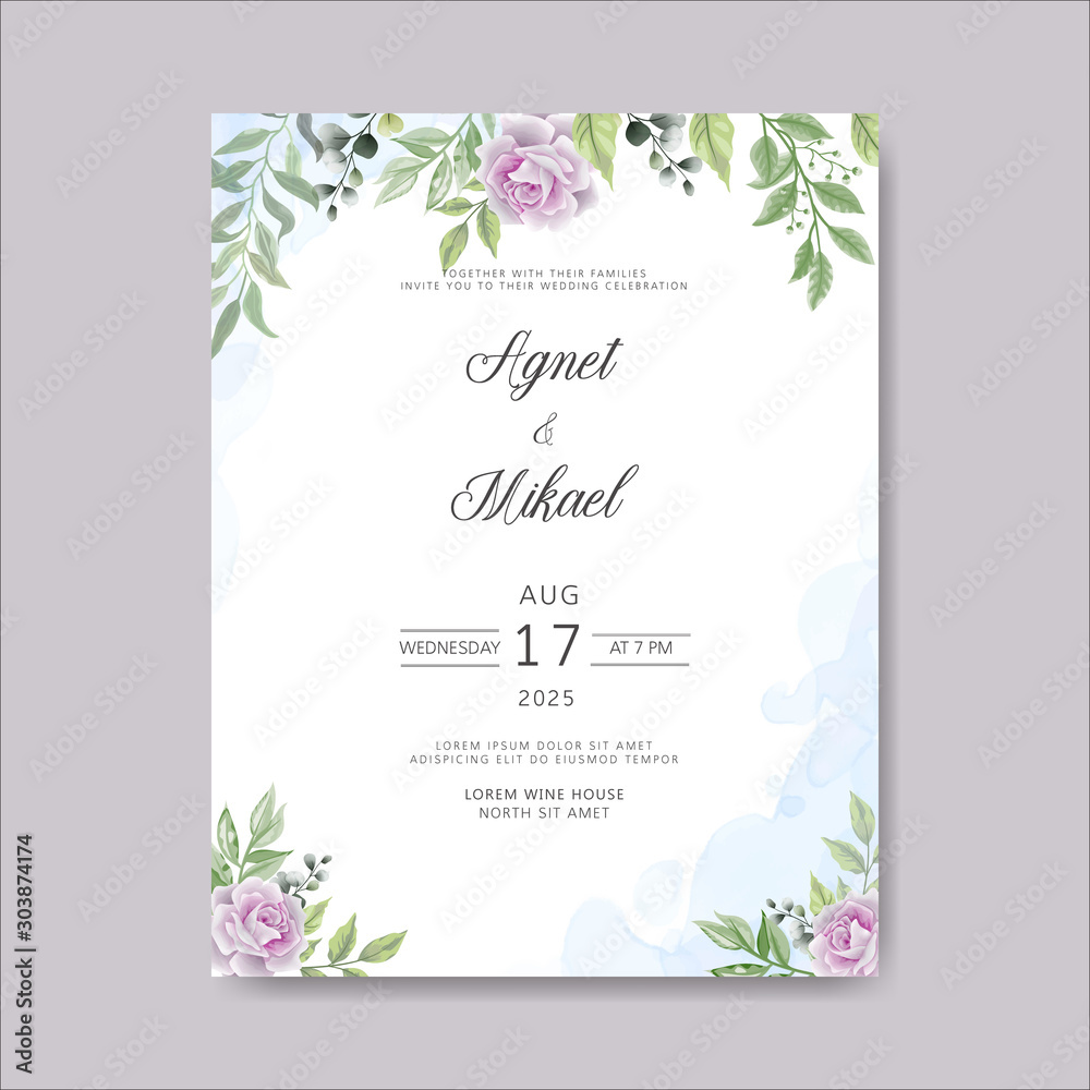 wedding card invitation with beautiful flower and leaves