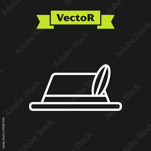 White line Oktoberfest hat icon isolated on black background. Hunter hat with feather. German hat. Vector Illustration