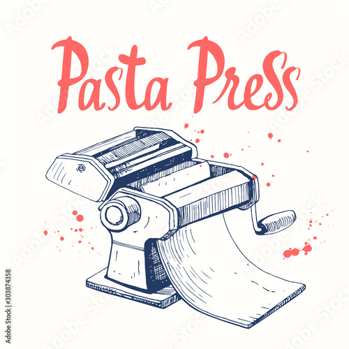 Vector illustration with pasta machine. Sketch design. Italian homemade traditional food.