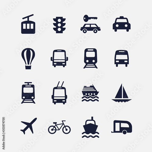 Icon transport set. Vector illustrations with car, boat, plane, train, tram, bus simbols.