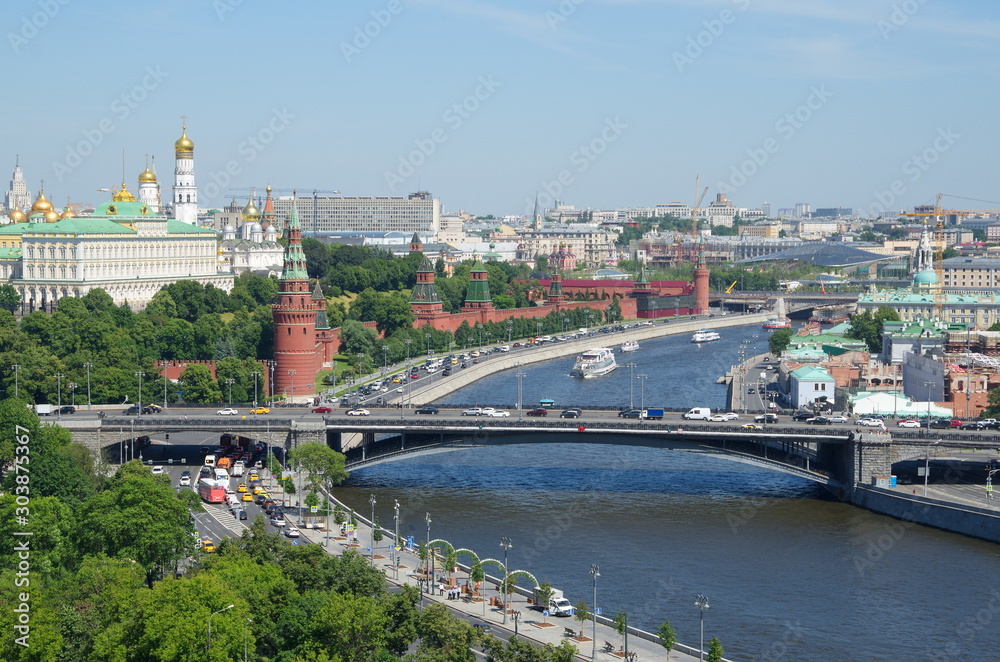 Summer view of the Moscow Kremlin and the Big Stone bridge over the Moscow-river. Moscow, Russia