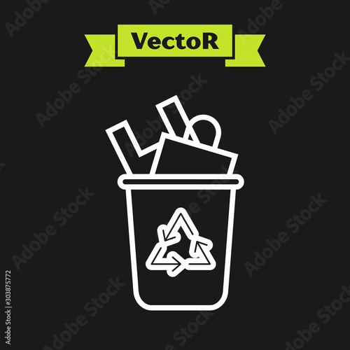White line Recycle bin with recycle symbol icon isolated on black background. Trash can icon. Garbage bin sign. Recycle basket sign. Vector Illustration
