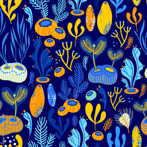 Vector seamless pattern on blue background with seaweed  sea sponges and corals. Abstract illustration with floral elements. Natural design.