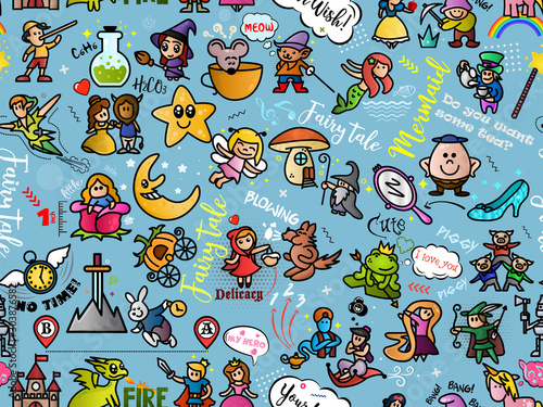 Seamless pattern with funny fairy tales heroes. Fantasy characters wallpaper. Design for print, children's room, t-shirt, party decoration, etc.  Vector illustration.