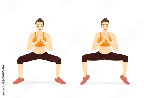 an doing Sumo Squat With Calf Raises for reduce fat leg. Illustration about workout diagram.