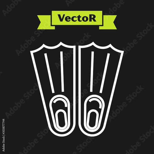 White line Rubber flippers for swimming icon isolated on black background. Diving equipment. Extreme sport. Sport equipment. Vector Illustration