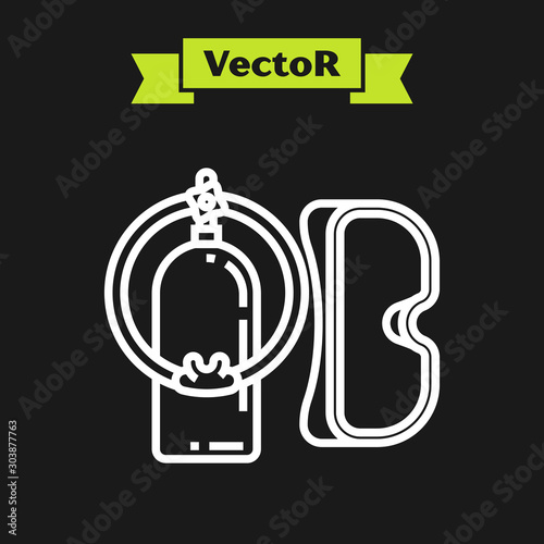 White line Diving mask and aqualung icon isolated on black background. Oxygen tank for diver. Extreme sport. Sport equipment. Vector Illustration