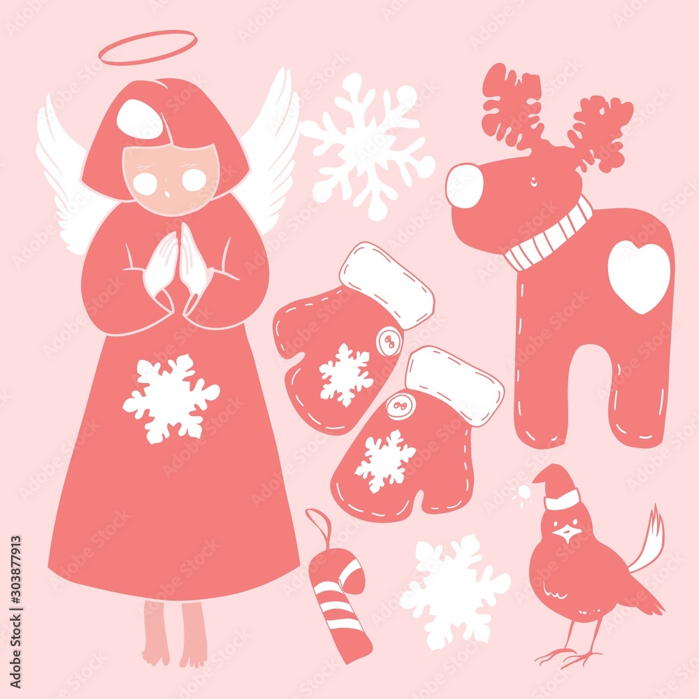 New Year and Christmas graphic drawings, Christmas toys and decorations, sweets, gifts, cookies, Christmas angel, snowflakes, sparrow, deer, mittens on a pink background, vector, for congratulations