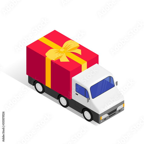 Gift delivery isometric concept truck isolated