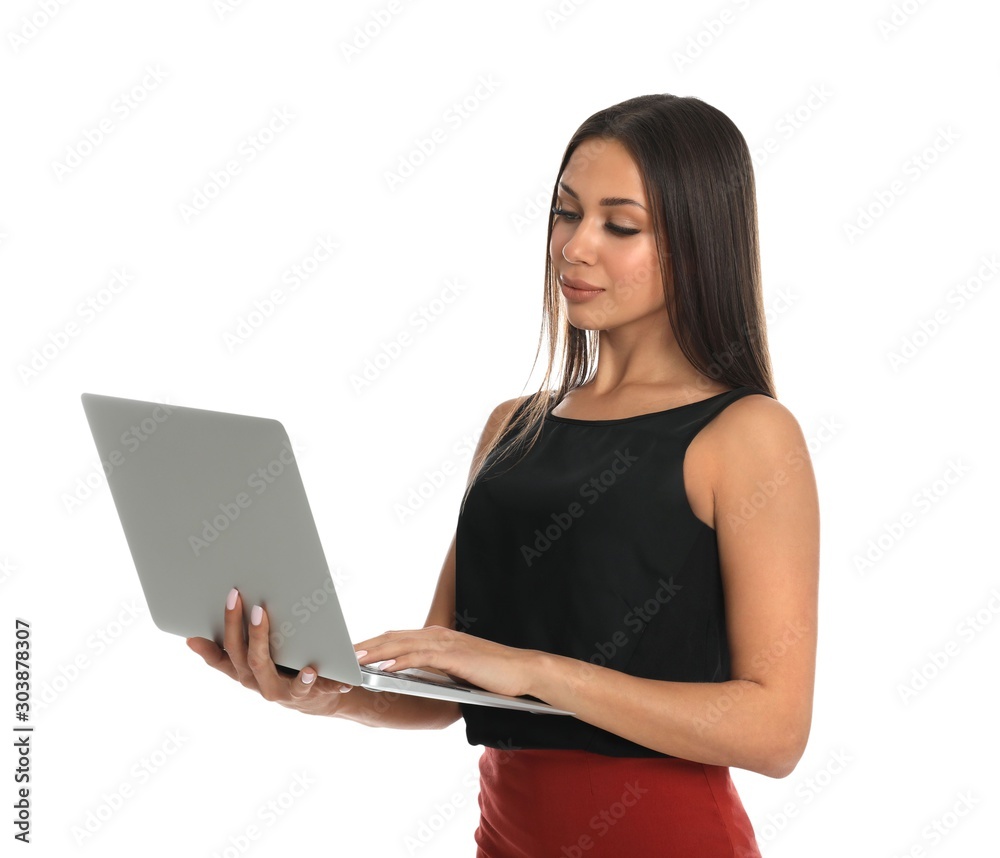 Beautiful young woman with laptop on white background Beautiful young woman with laptop on white background