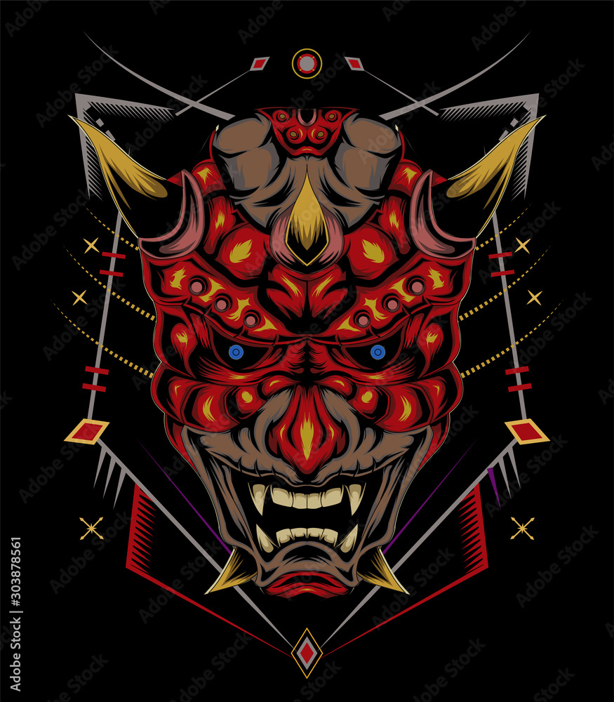Japanese Oni Mask. kabuki illustration. devil face illustration. vector head of red japanese demon mask Stock-illustration Adobe Stock