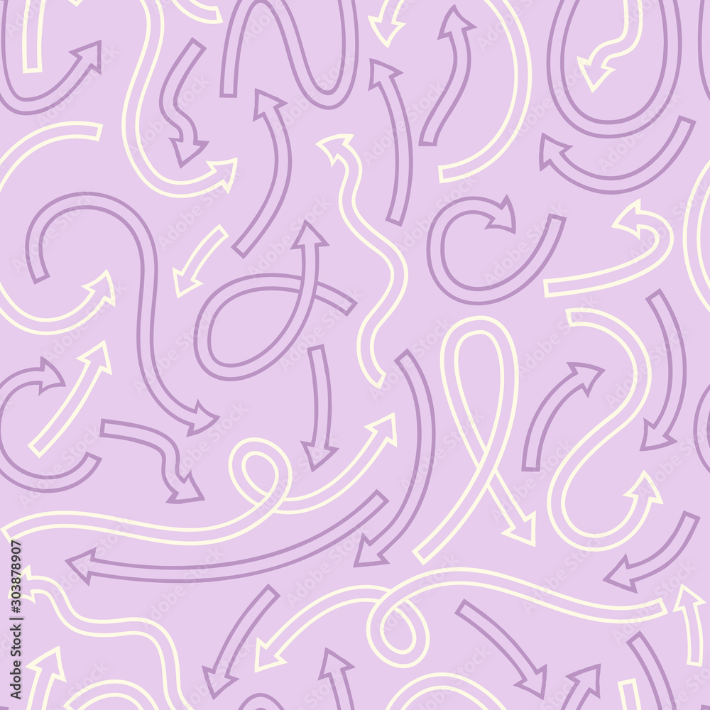 Seamless pattern with different curved arrows. Vector illustration on violet background.