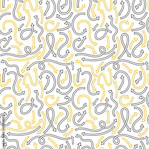 Seamless pattern with different curved arrows. Vector illustration on white background.