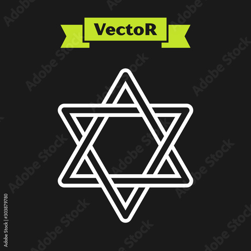 White line Star of David icon isolated on black background. Jewish religion symbol. Symbol of Israel. Vector Illustration