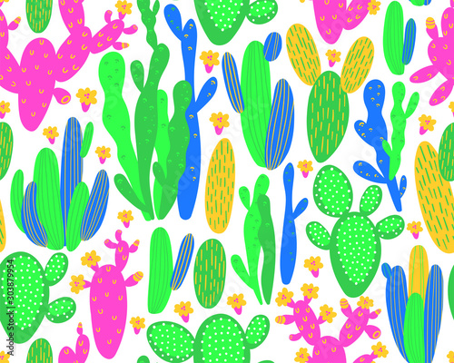 Vector seamless pattern with cactus on white background. Summer plants, flowers and leaves. Natural floral bright design. Botanical illustration.