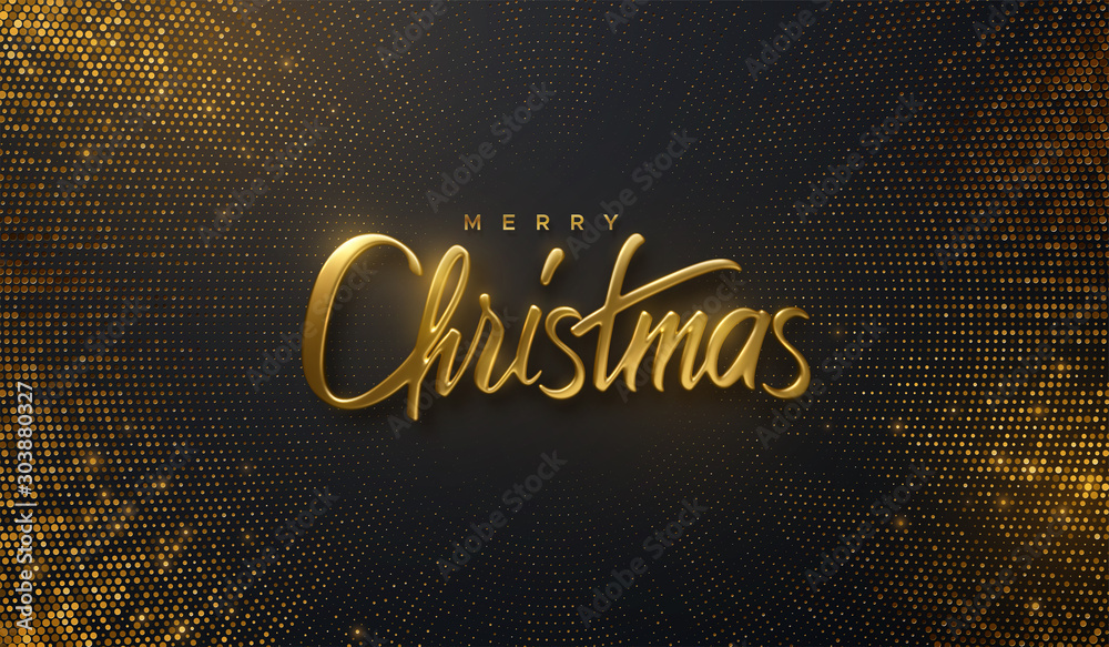 Plakat Holiday Christmas lettering. Vector 3d illustration of realistic golden sign on bursting glitter background. Calligraphic banner design. Winter festive event. Merry Christmas.