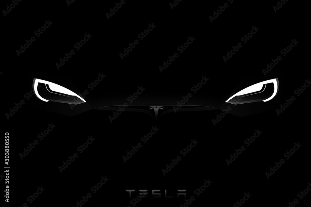 Headlights of black Tesla Model S in the dark. Vector illustration EPS