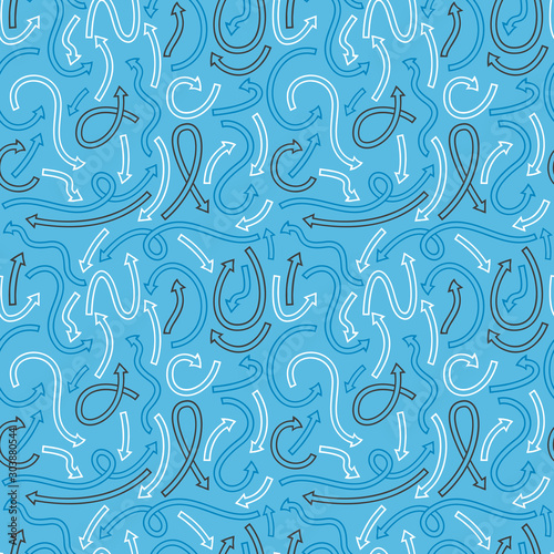Seamless pattern with different curved arrows. Vector illustration on blue background.