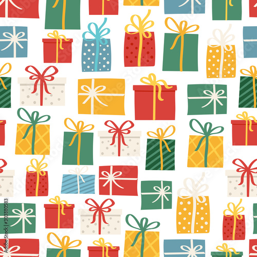 Colorful Gift box with bow on cute Christmass pattern