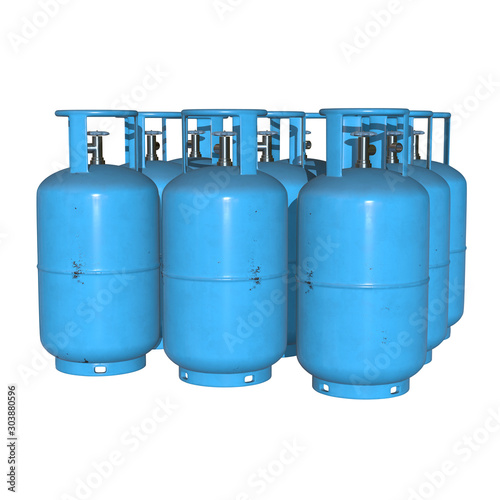 Gas cylinder lpg tank gas-bottle. Propane gas-cylinder balloon. Cylindrical container with liquefied compressed gases with high pressure and valves 3d render isolated on white background