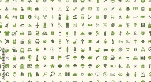 Icon set. Seamless pattern. Vector illustrations with travel, transport, hotel, rest, shopping, vacation and beach simbols.