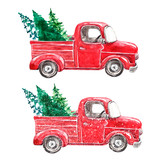 Hand painted Christmas red pickup truck set and holiday fir trees. Watercolor winter illustration. Vintage cars in cartoon style for seasonal greeting, cards, banners.