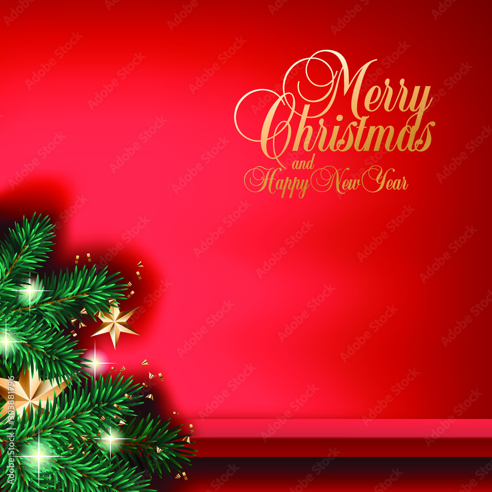 Christmas tree, stars and lights vector square banner or social media post template with red shelf for goods on the wall. Golden Merry Christmas and Happy New Year calligraphic lettering on red backgr