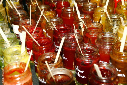 Various jams and chutneys in small tasting glasses on the occasion of a graduation