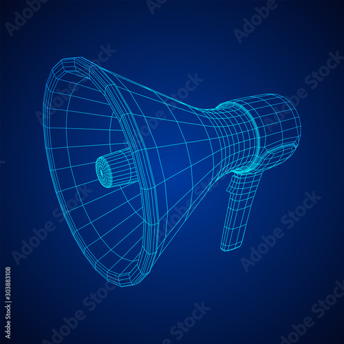 Megaphone or bullhorn for amplifying voice for protests rallies or public speaking. Wireframe low poly mesh vector illustration