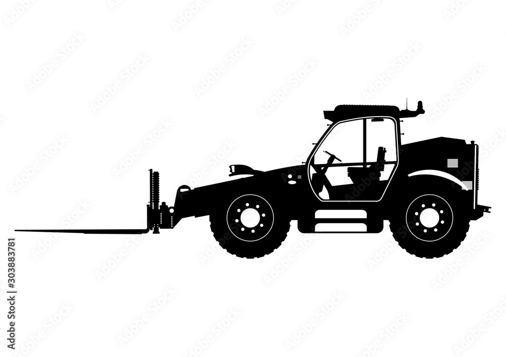Telescopic handler. Telehandler silhouette. Side view. Flat vector. Telescopic handler. Telehandler silhouette. Side view. Flat vector.