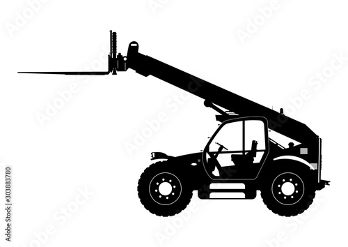 Telescopic handler. Telehandler silhouette. Side view. Flat vector.