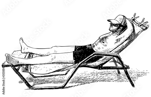  Sketch of man sunbathing on lounger on seashore