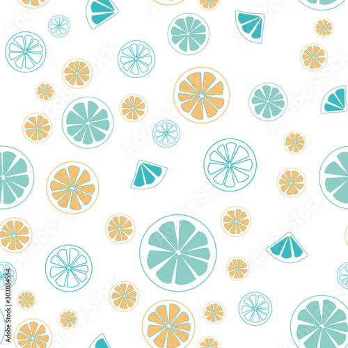 Vector orange and lemon slices, blue, orange and white background, seamless repeat pattern